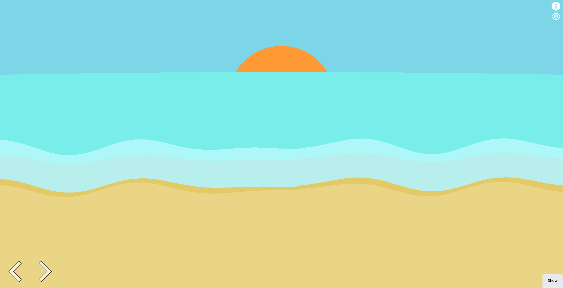 A screenshot of https://shaders.dayglo.me showing a simple beach scene with a sun low i the sky and water lapping at the sand
