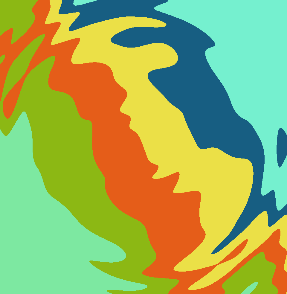 An image showing a series of bands of colour, warped near the corners of the image. The edges of the bands of colour are curvy and wobbly, giving the impression that they are the edges of different immiscible liquids