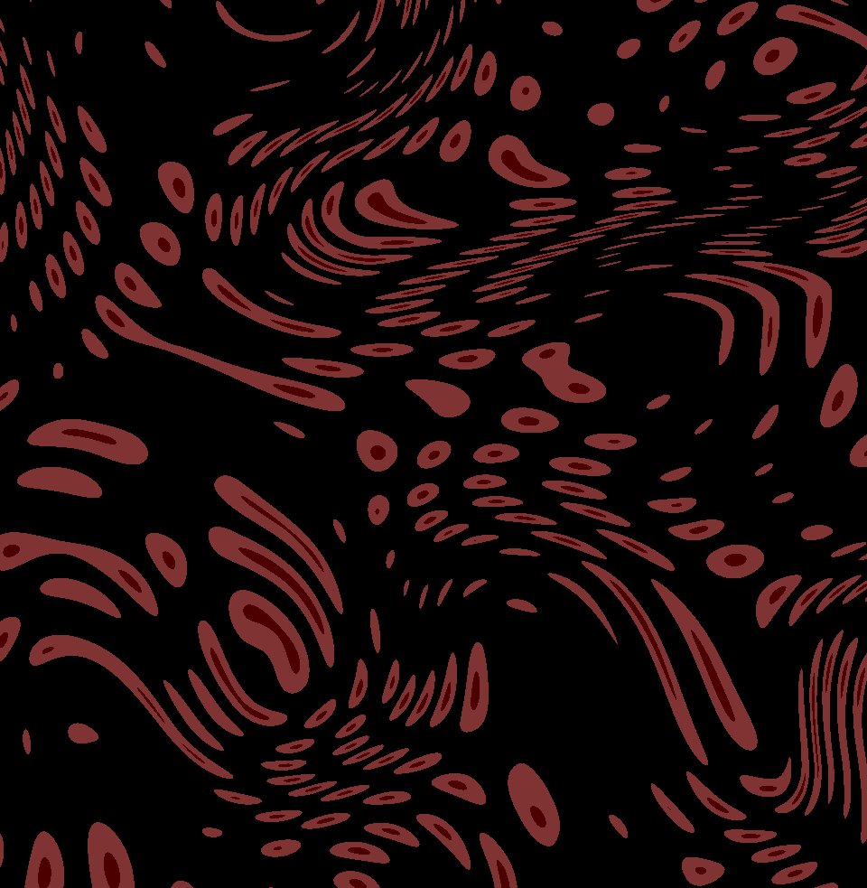 An image showing 2d red blood cell like entities on a black background
